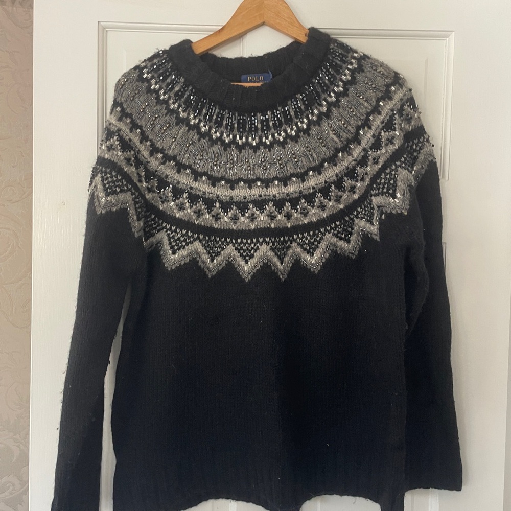 Polo by Ralph Lauren Black & Gray Beaded Fair Isle Turtleneck Sweater